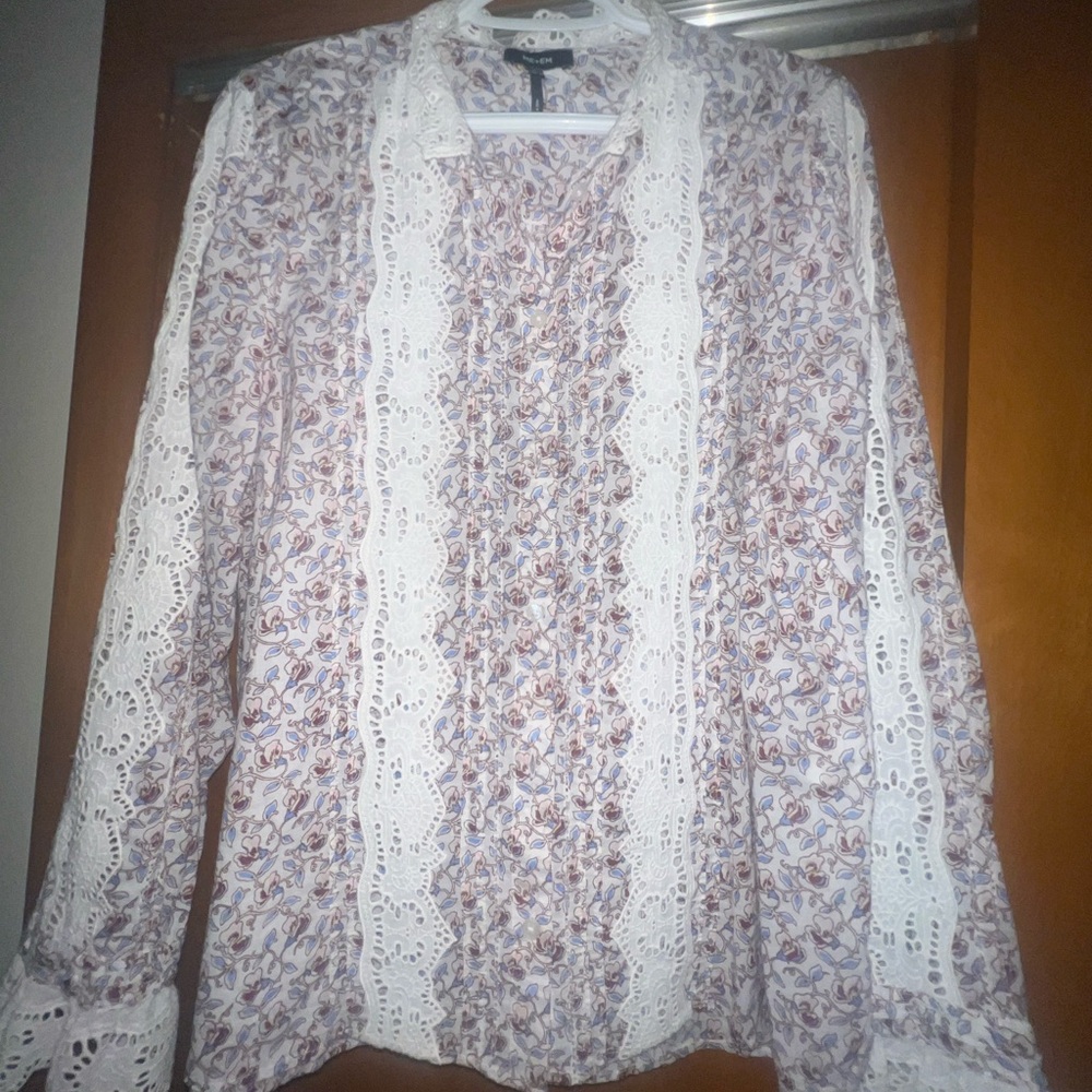 ME+EM Cotton Voile Sweet Pea Floral Printed Blouse White Crochet Trim US 10 NWOT